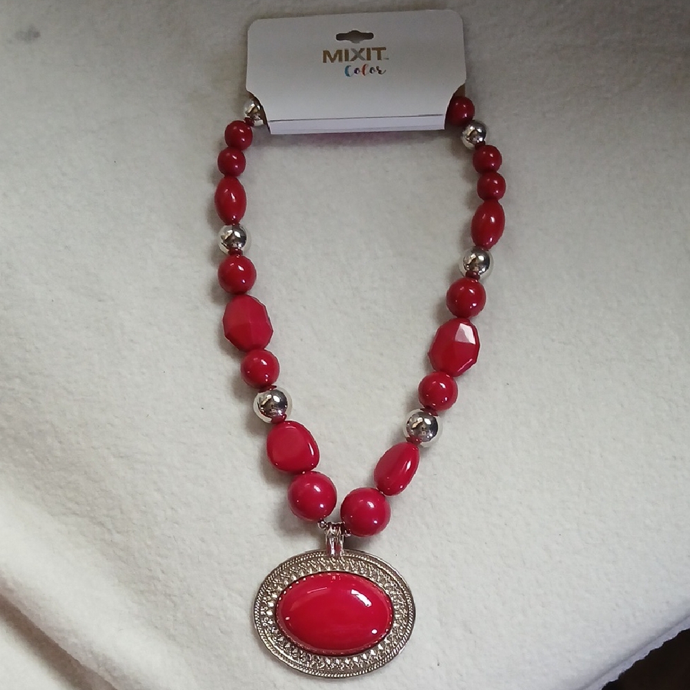 Mixit Red and Silver Necklace with Elegant Pendant